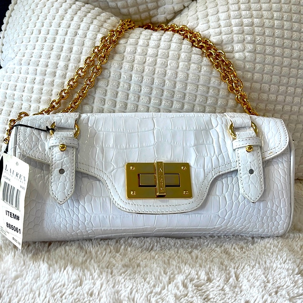 White Crocodile Pattern Ralph Lauren Clutch Purse Handbag with Gold Chain